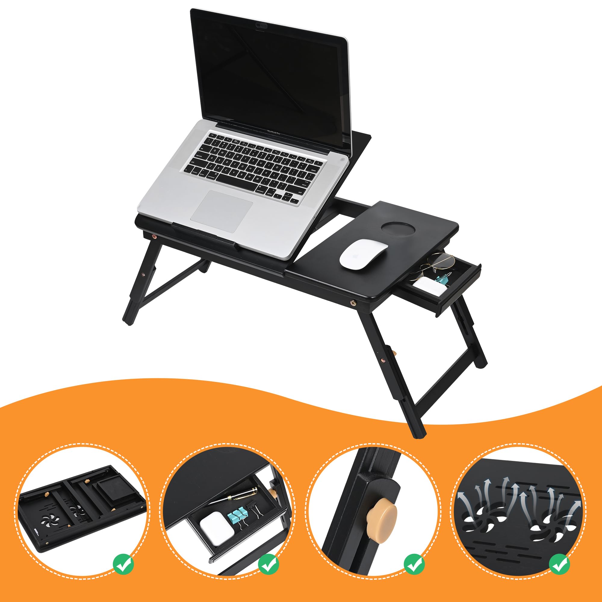 VASMIA Laptop Table,Laptop Desk for Bed with Adjustable Angle and Height,Bamboo Folding Desk for Working Reading and Breakfast,Black