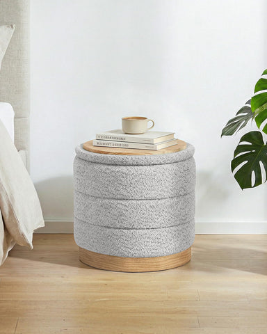 Bonlife Round Chenille Storage Ottoman, Folding Footstool with Table Top, 39X39X37cm, Load Capacity 120kg, for Living Room Bedroom Hallway