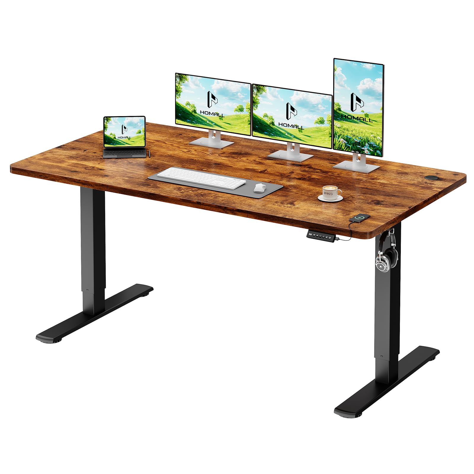 Homall Electric Height Adjustable Desk, Adjustable Height Office Desk with USB Ports, 160x70cm, Home Office with Splice Board, Rustic Brown