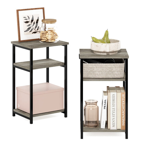 Furinno JUST Side Table Set of 2, 3-Tier Metal Frame End Table with Open Shelf, Night Stand, Bedside Table, for Living Room, Bedroom, French Oak
