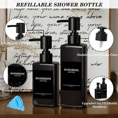 Set of 5 Reusable Shampoo Dispenser Bottles for Filling, 3 x 300 ml + 2 x 500 ml Brown Refill Bottles with Pump Dispenser