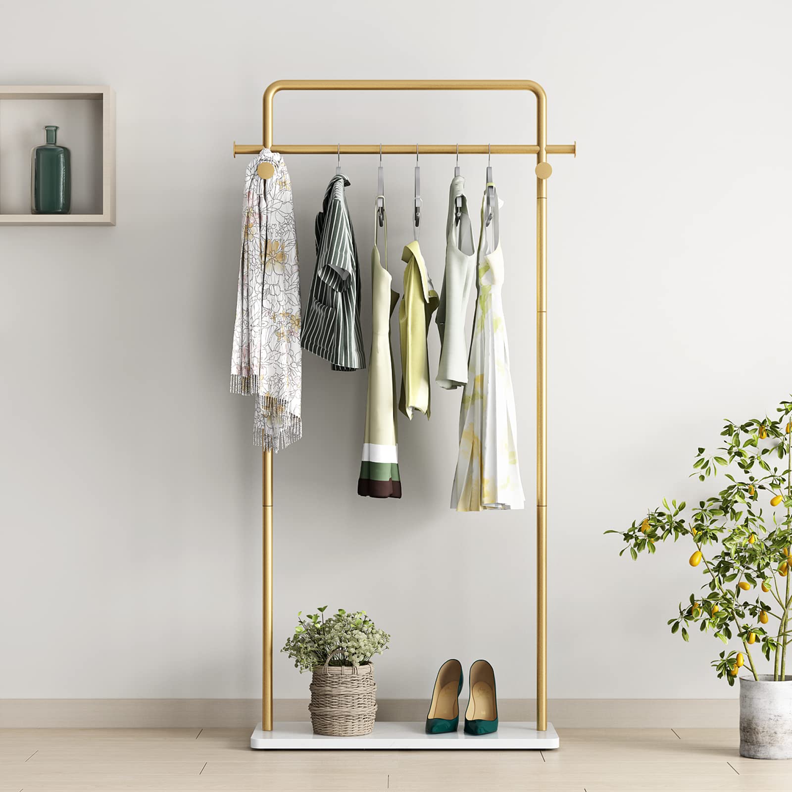 TIEOU Gold Clothes Rack With Shelf, Clothing Racks for Boutiques, Free-Standing Garment Rack for Hanging Clothes, Small Metal Coat Rack Heavy Duty