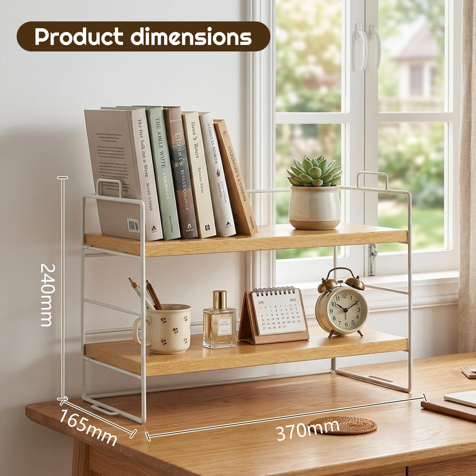 Milky Way Desktop Bookshelf Organizer, 2-Tier Wood Desk Shelf, White Frame
