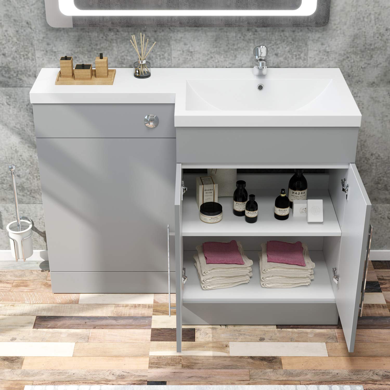ELEGANT 1100mm L Shape Bathroom Vanity Sink Unit Furniture Storage, Right Hand Matte Grey Vanity unit + Resin Basin + Concealed Cistern