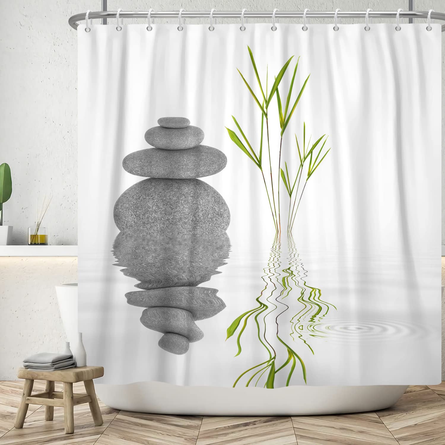 SDOTPMT 60x72inch Basalt Stones Bamboo Leaves Shower Curtain Spa Japanese Theme Zen Meditation Bath Curtain White Background Bathtub Curtain for