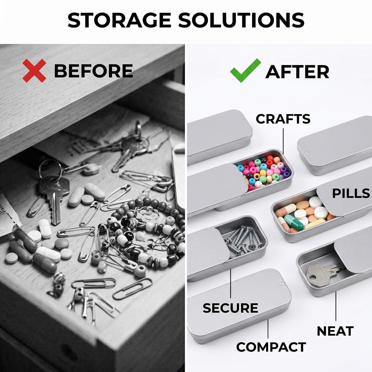 Lotsdonxia 6 Pcs Rectangular Tins, Slider Lid Metal Boxes, 50x25x10mm Portable Storage Containers, Silver Alloy Steel, Airtight Craft Organisers