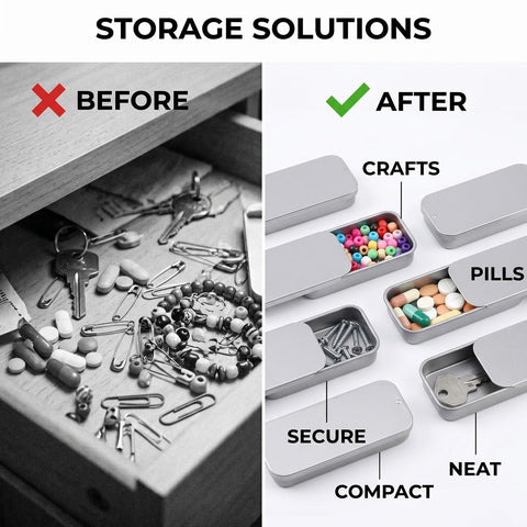 Lotsdonxia 6 Pcs Rectangular Tins, Slider Lid Metal Boxes, 50x25x10mm Portable Storage Containers, Silver Alloy Steel, Airtight Craft Organisers
