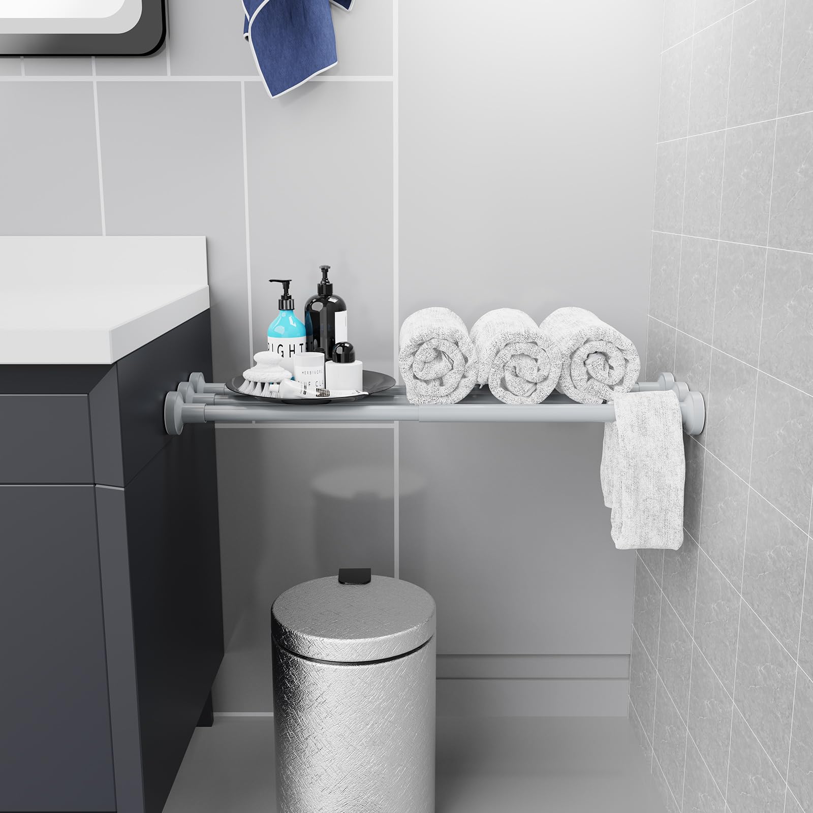 WELDUN Extendable Shower Curtain Tension Rod, 48-82CM No Drill Telescopic Shower Curtain Rod, Adjustable Spring Rod for Window Bathroom, Bedroom, Gray