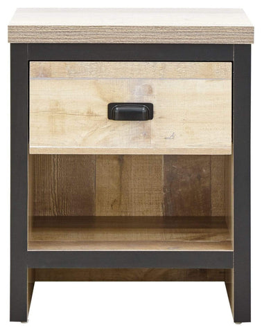 GFW Boston Lamp Table with Drawer, Industrial Side Table with Black Metal Handle, Oak Effect Finish and Contrasting Frame, Living Room End Table