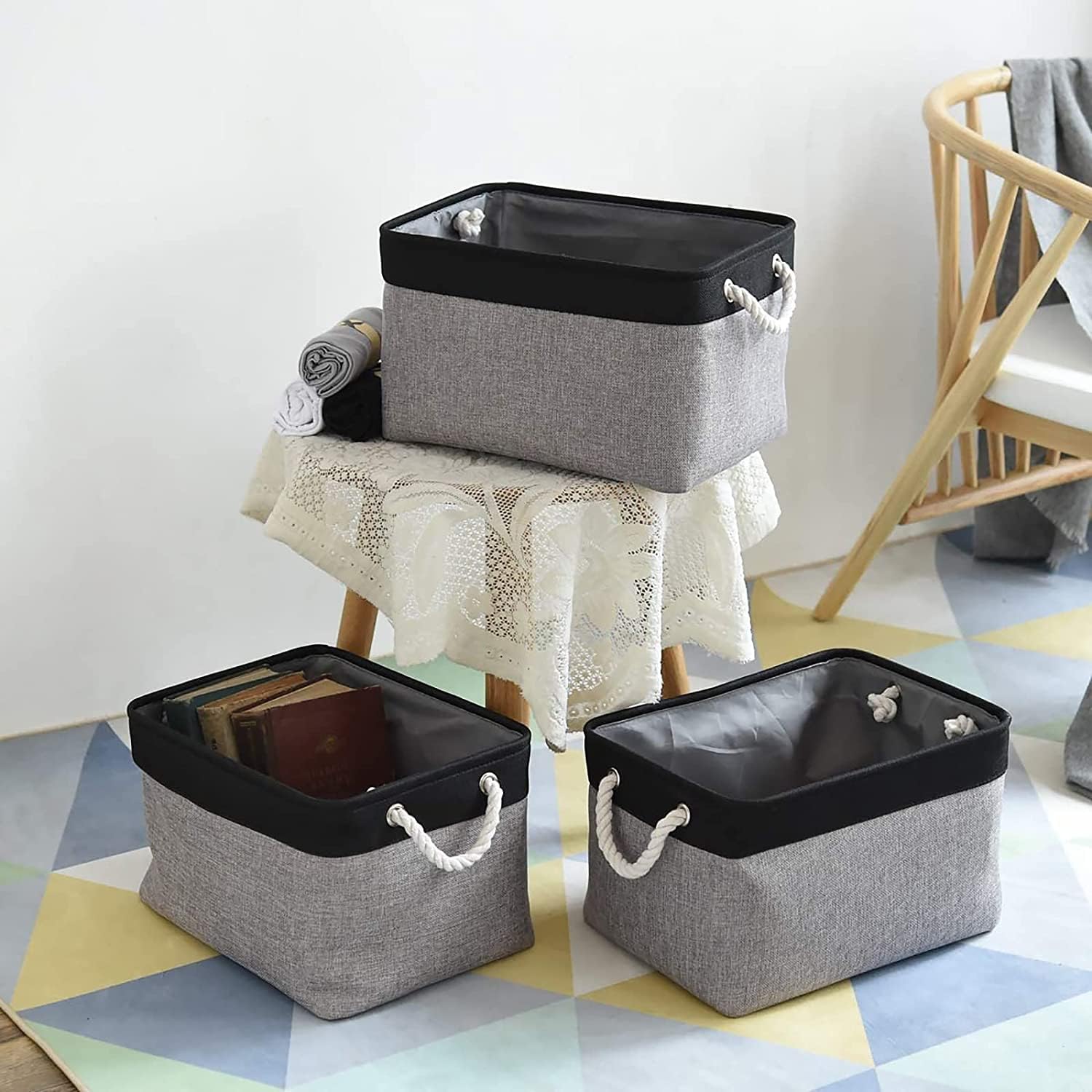 TheWarmHome Collapsible Storage Bin for Shelves - 16x12x8 inch Large 3 Pack Storage Basket for Organizing with Rope