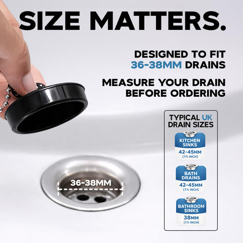 Smith’s® (36mm-38mm) Black Plug & Chain - Bathtub, Bathroom, & Kitchen Sink Plug | 48cm Strong Stainless Steel Ball Chain With S-Hooks