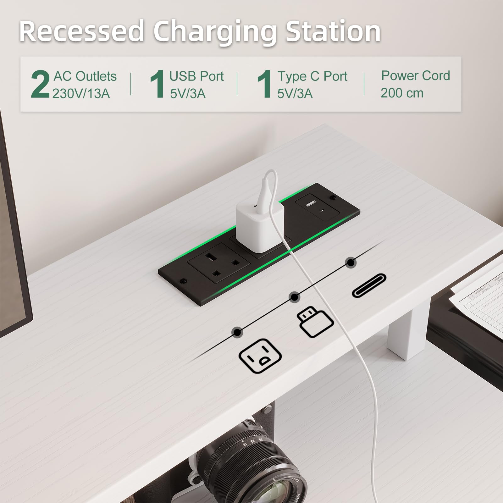MUTUN 120cm Computer Desk with 4 Fabric Drawers, Home Office Desk with Power Outlets & USB Type-C Port