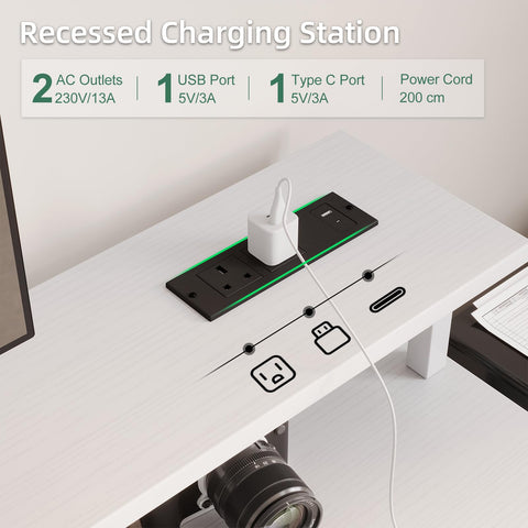MUTUN 120cm Computer Desk with 4 Fabric Drawers, Home Office Desk with Power Outlets & USB Type-C Port