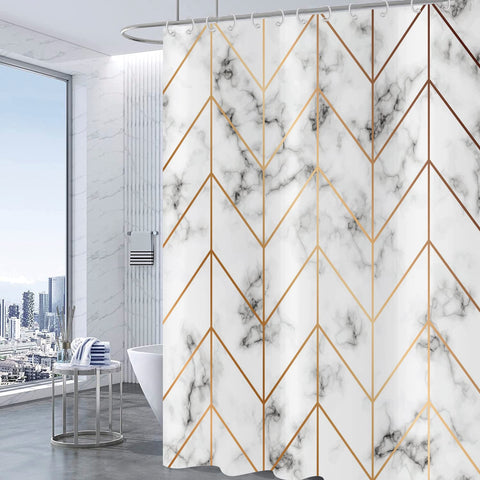 Hnmdmyi Marble Shower Curtain 180x180, Grey and White Shower Curtains Gold Geometric Line Abstract Modern Luxury Art Bathroom Curtains Waterproof