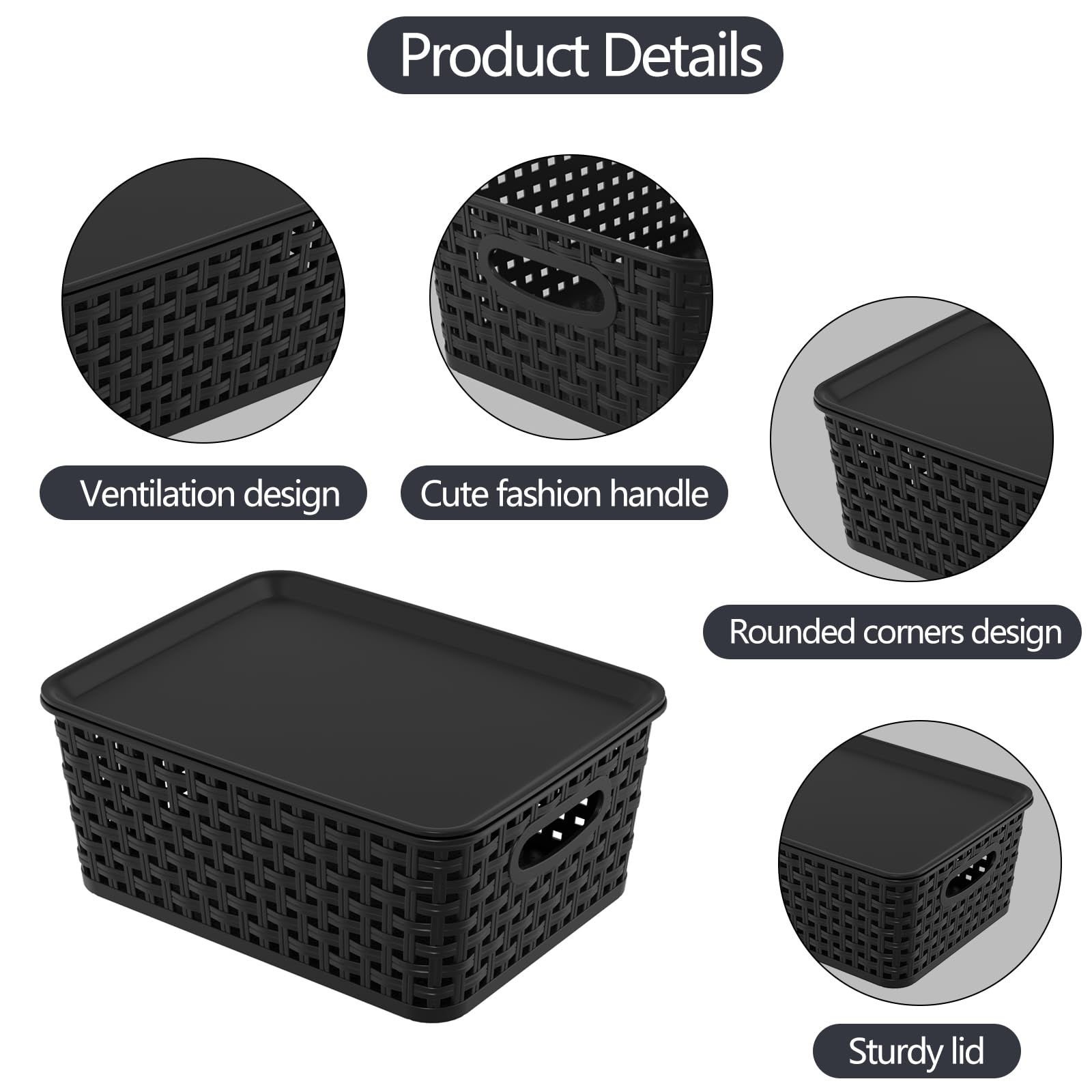 Wakikini Woven Plastic Storage Baskets with Lids, Small Weave Bins, Black