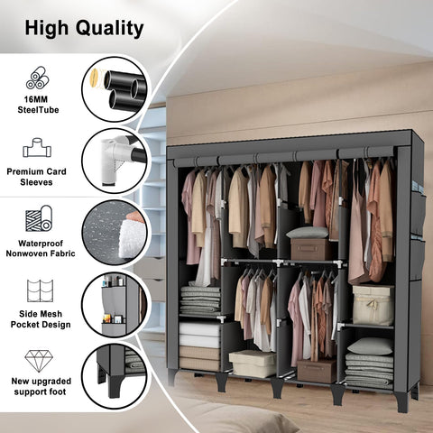 OPPAIYA Extra Large Canvas Wardrobe with 6 Hanging Rails, Portable Fabric Bedroom Wardrobes with 8 Shelves & 8 Side Pockets