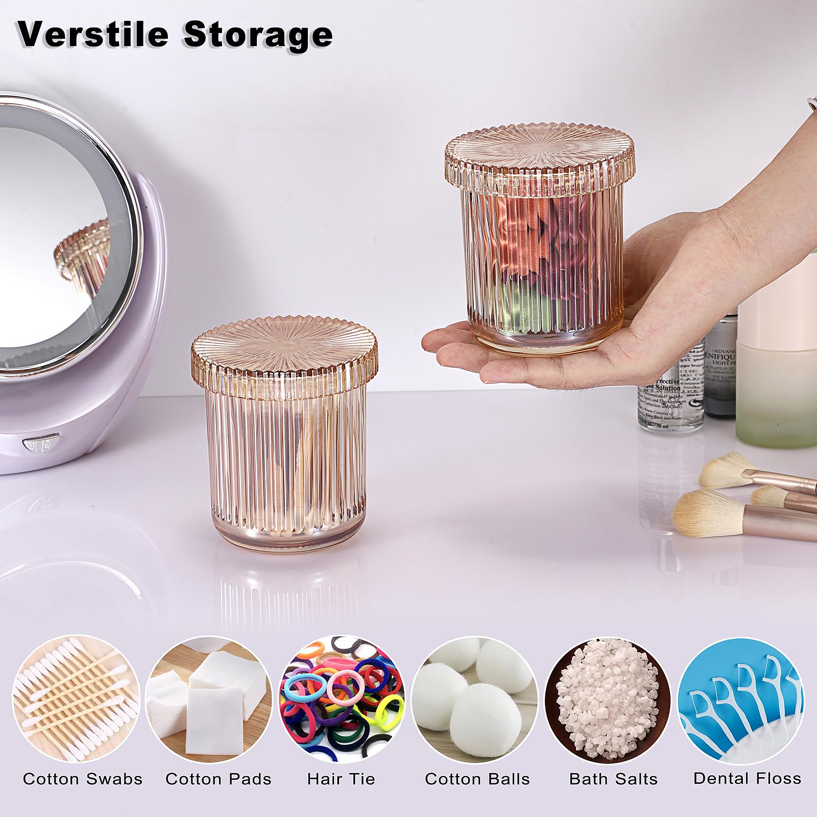 OLegei Glass Cotton Ball and Swab Holder Organizer, Set of 2 Bathroom Glass Storage Jars with Lid, Q-tips Floss Dispenser