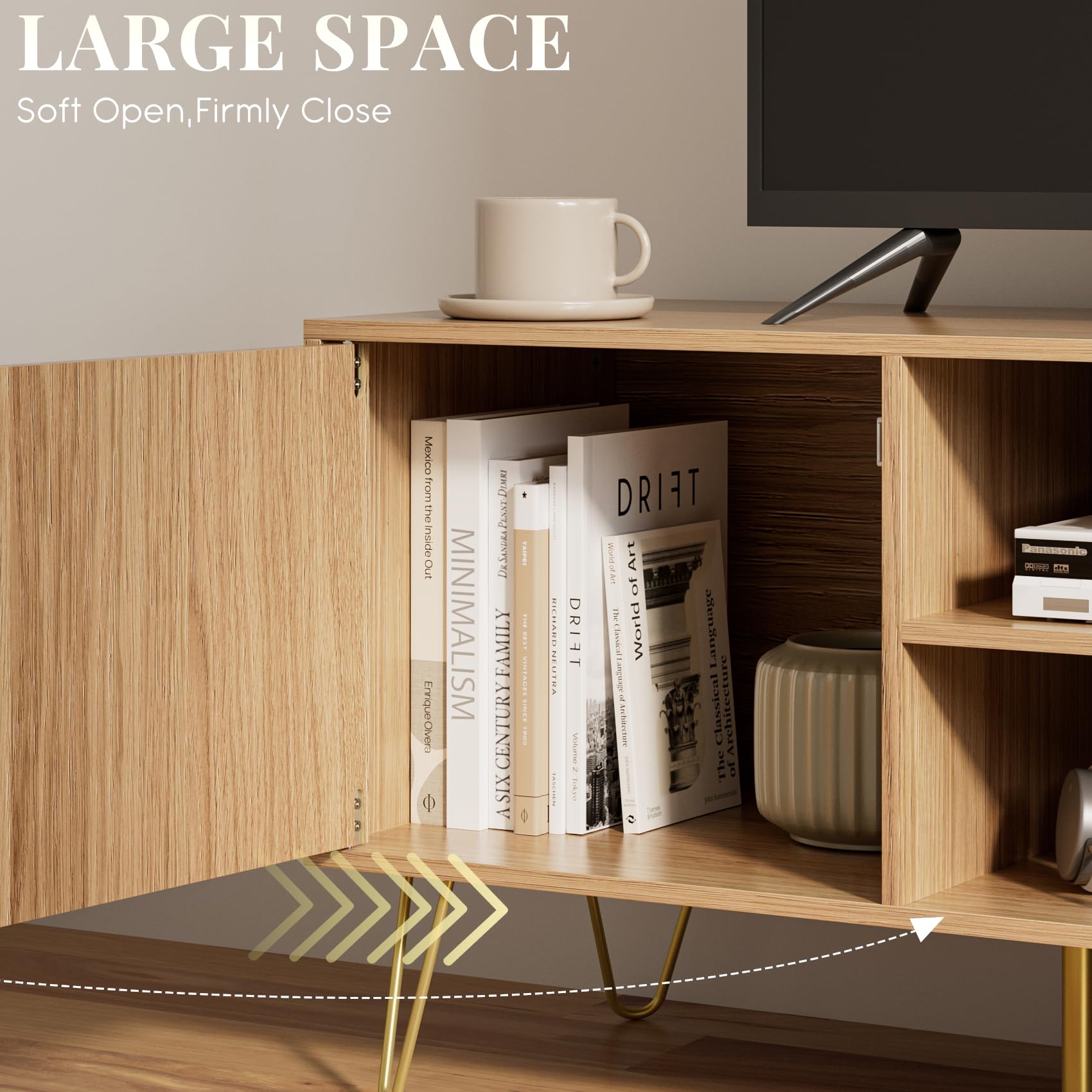 HEYZOEY Oak Fluted TV Stand, 2 Cabinets, Gold Legs, for TVs up to 65 in