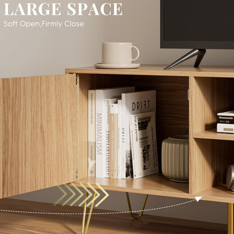 HEYZOEY Oak Fluted TV Stand, 2 Cabinets, Gold Legs, for TVs up to 65 in