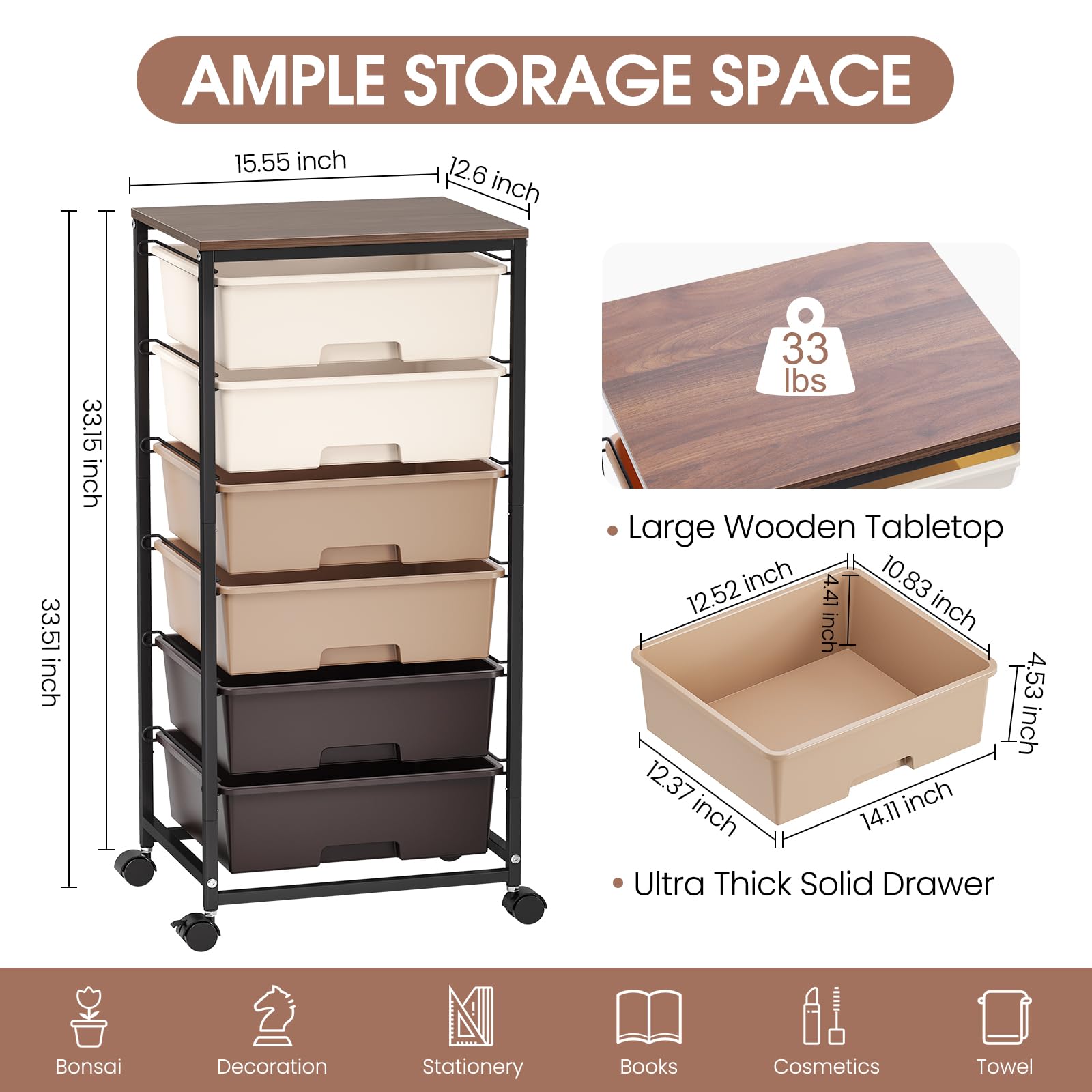 6-Drawer Craft Organizer Trolley Cart with Wooden Top, Brown