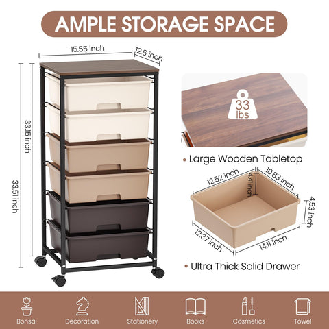 6-Drawer Craft Organizer Trolley Cart with Wooden Top, Brown