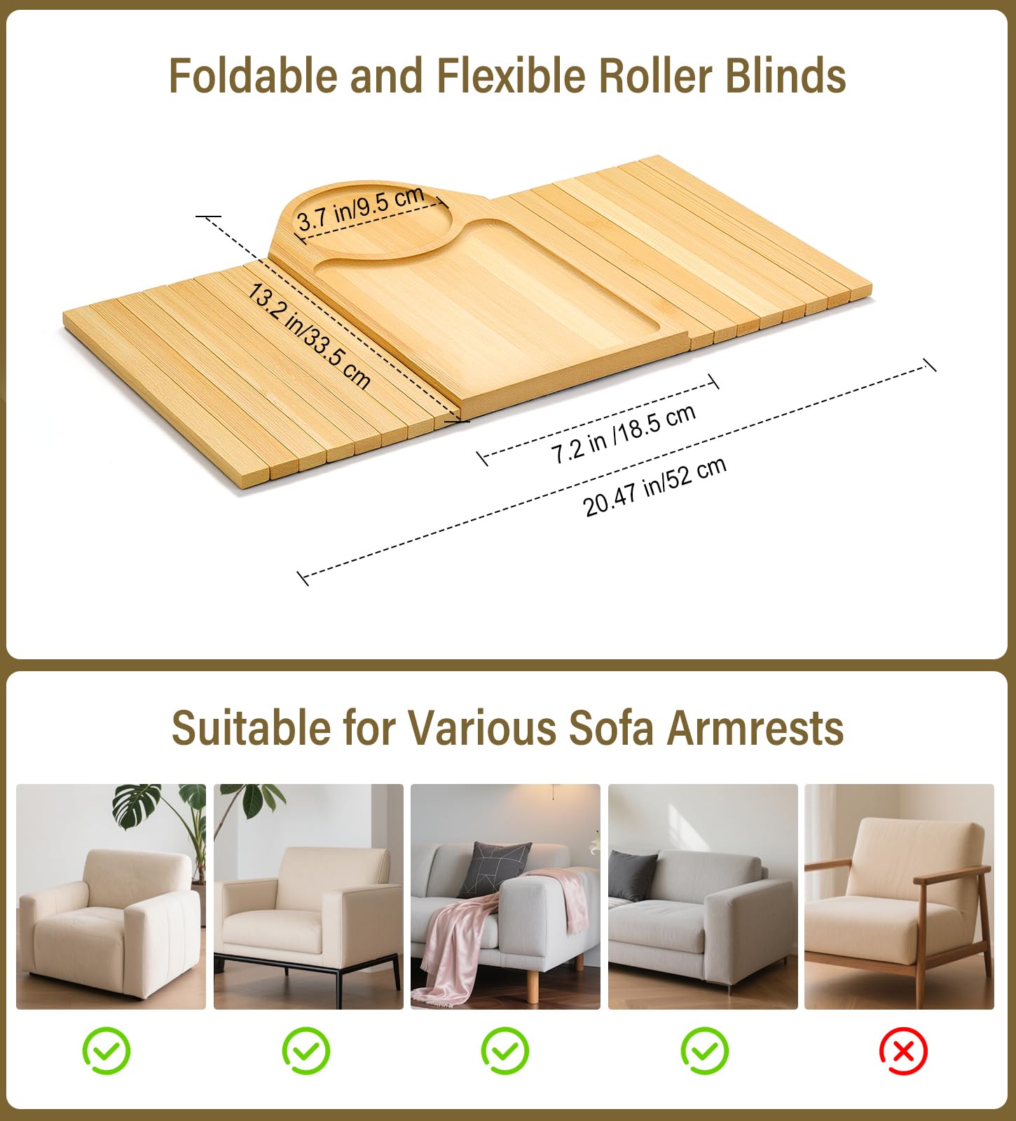 Kssiaz Couch Arm Tray, Bamboo Sofa Tray Table for Couch, Sofa Arm Tray with Cup Holder, Non-Slip Armrest Organizer for Drink, Cup, Snack, Control