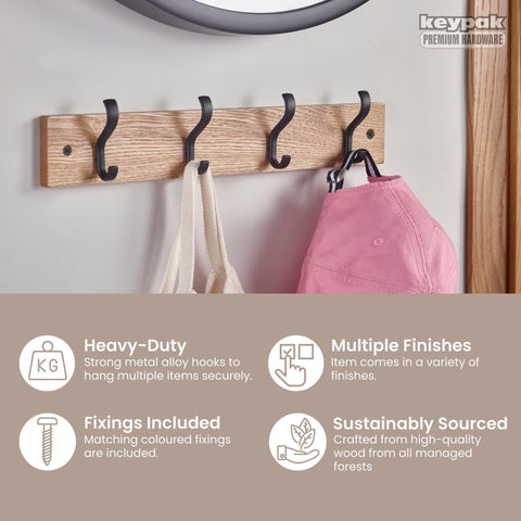 keypak Wall-Mounted Coat Rack – 4 Black Hooks on Stylish 38cm Ash Wood