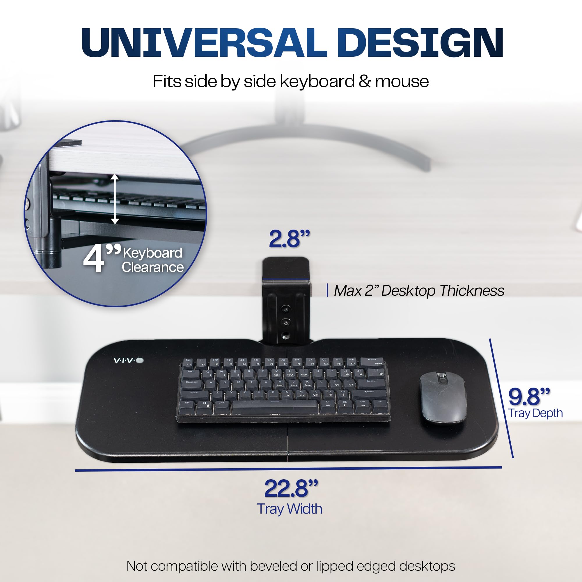 VIVO Clamp-on 23 x 10 inch Rotating Computer Keyboard and Mouse Tray, Extra Sturdy Single Desk Swivel Clamp, Ergonomic Typing, Black, MOUNT-KB04CB