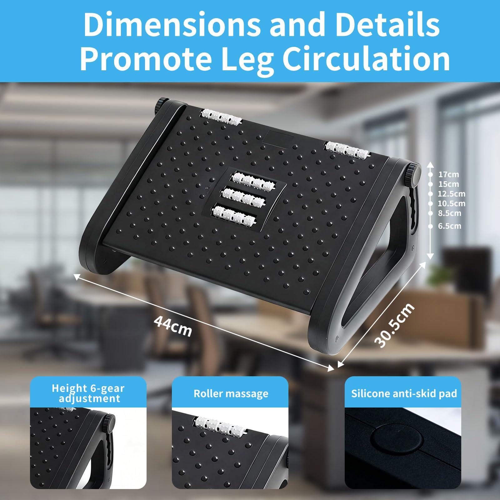 Foot Rest for Under Desk at Work, Ergonomic 6 Heights Adjustable Footrest with Massage Roller, Portable Under Desk Foot Stool for Home, Office ﻿