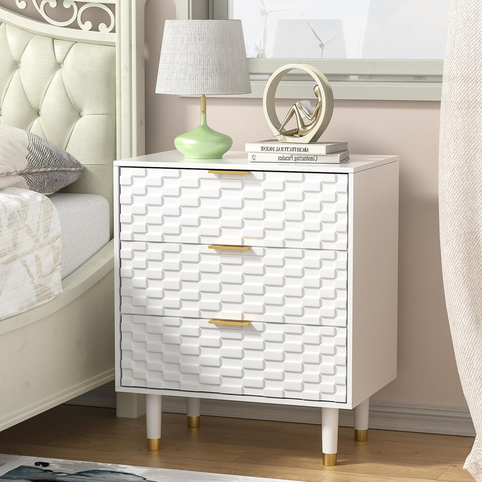 Yvsevnr Bedside Table with 3 Drawers, Bed Side Table for Bedroom, Living Room, Study, Bas-relief Nightstand, Small Chest of Drawers, Anti-Tipping