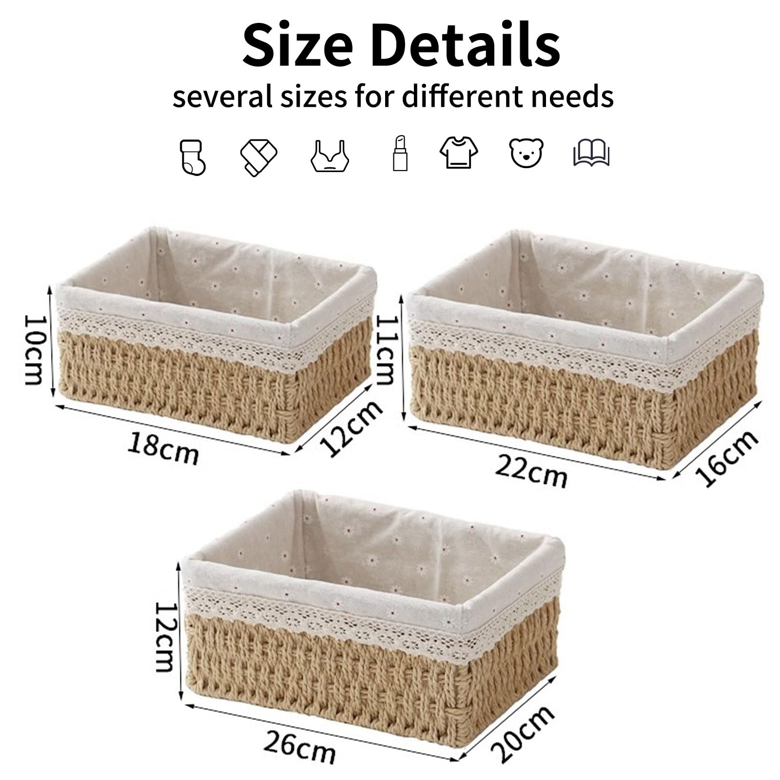Set of 3 Storage Baskets, 3 Sizes Wicker Bathroom Basket