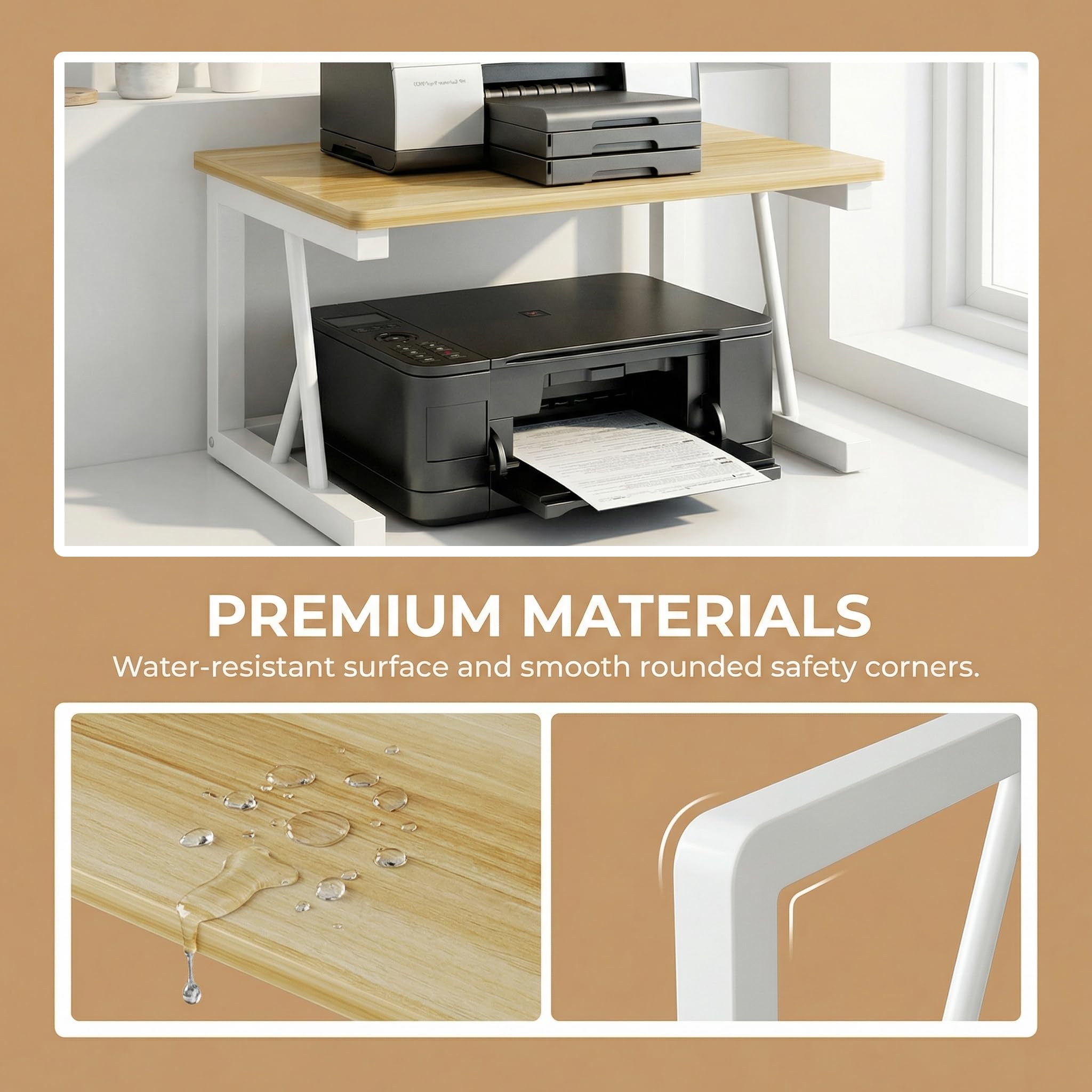 Metal Wood Printer Stand for Desk,2 Tier Desktop Printer Table,48x30x27cm