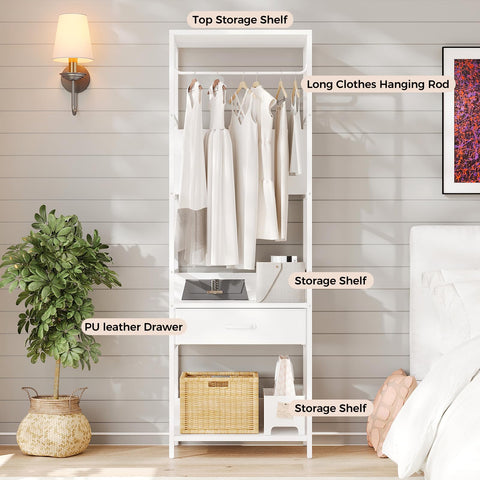 VOWNER Slim Hall Tree Entryway Coat Rack Bench Drawer White Hanging Rod