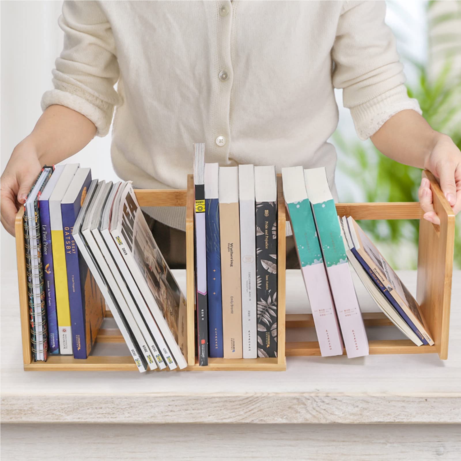 ZOOFOX Bamboo Desktop Bookshelf, Expandable Desktop Organizer, Small Display Shelf Book Rack for Office Supplies, Home Tabletop