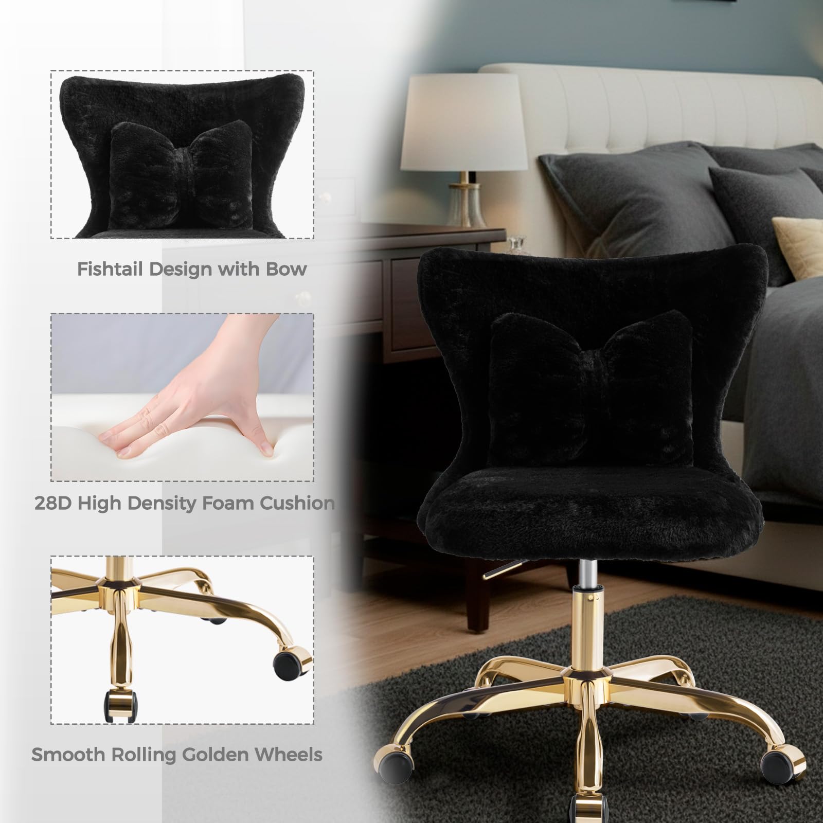 Eufurnibi Vanity Chair with Gold Wheels & Bow Pillow, Girl's Office Chair