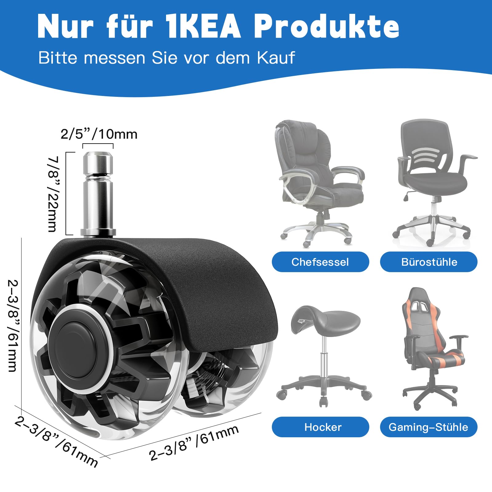 Replacement Office Chair Wheels (1000 kg) - 10 x 22 mm Wheels for Office Chairs, Smooth and Quiet Hard Floor Castors