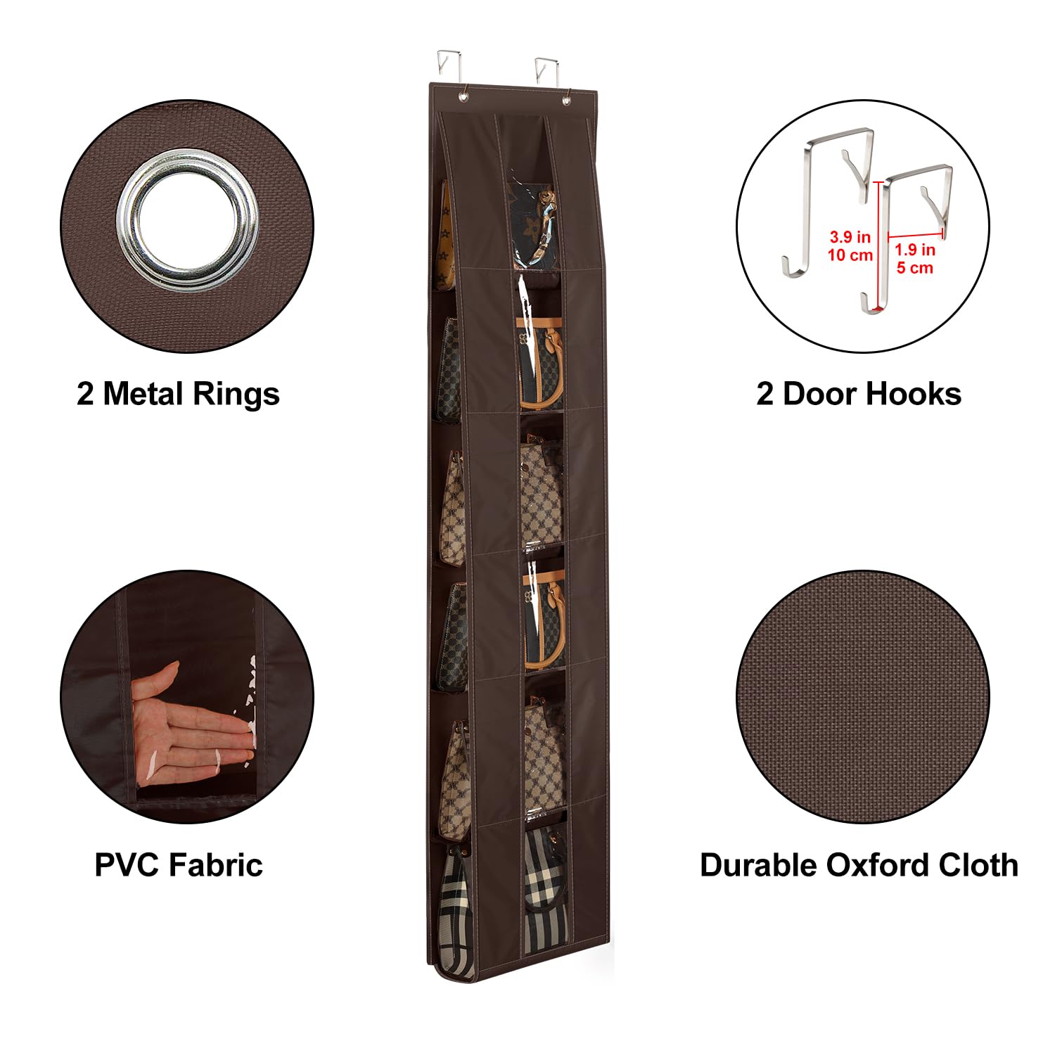 Lirex Over the Door Organizer, 2 Pack Handbag Storage with 6-Tier Space-Saving for Door or Closet, Handbag Hanger, Dark Brown