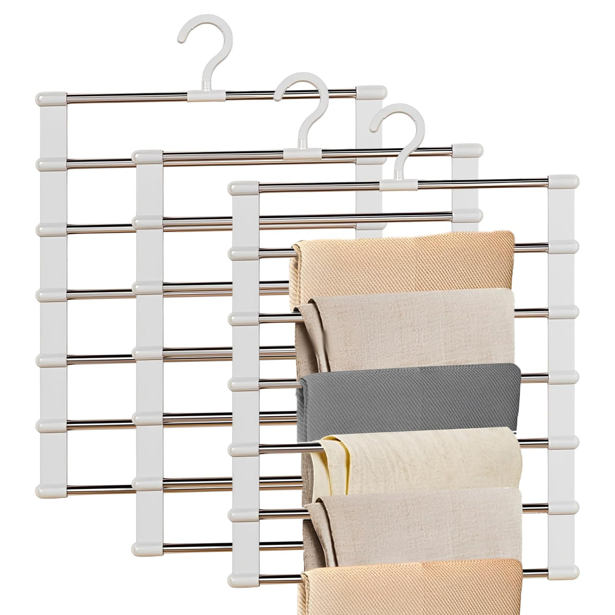 Jicyor 3 Pack Trouser Hangers,6 in 1 Space Saving Hangers with 360° Swivel Hook for Various Types of Clothing
