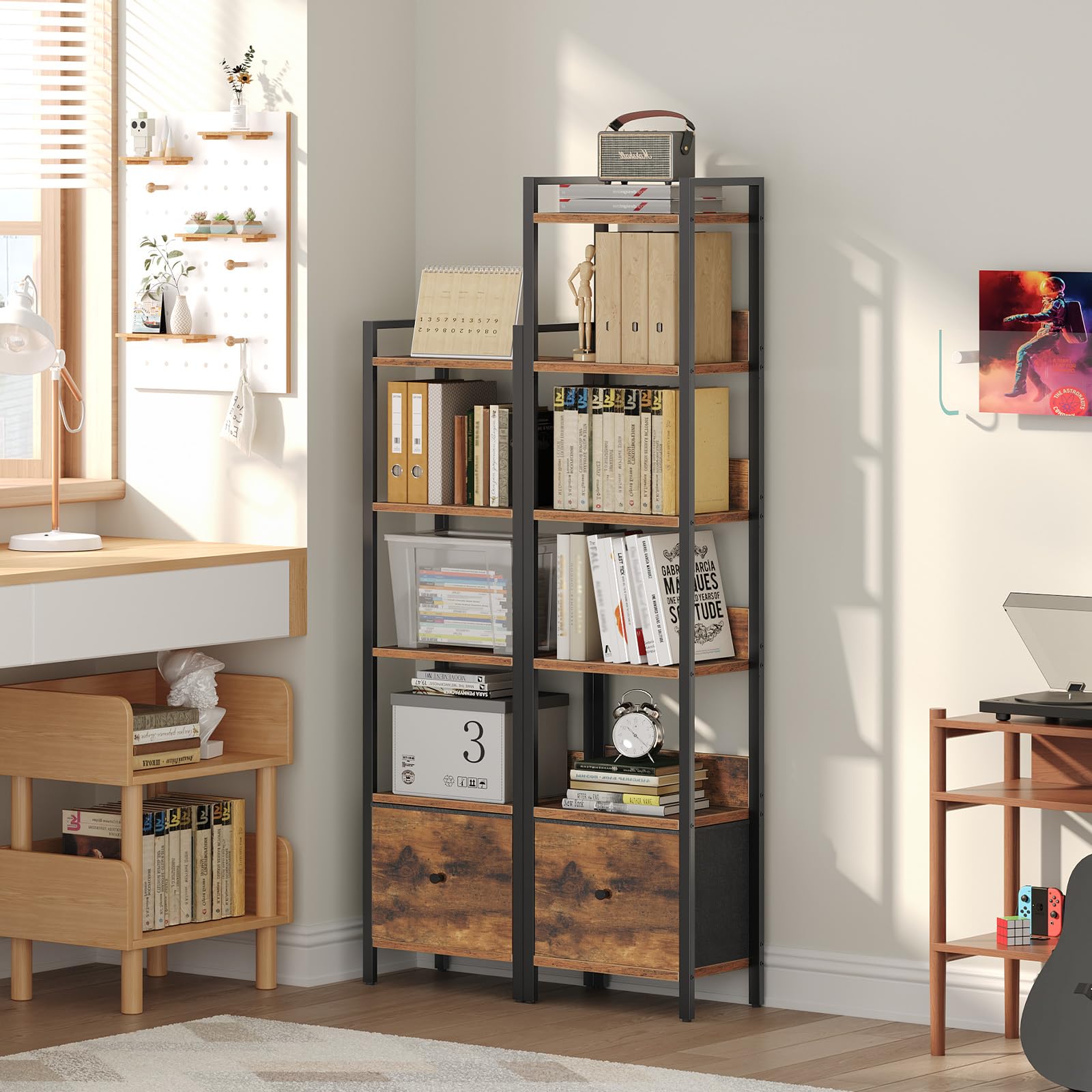 MAHANCRIS Bookshelf, 6-Tier Bookcase with Removable Drawer, Freestanding Book Shelf for Small Space, Storage Shelf Organizer, for Living Room