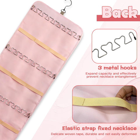 Jewelry Organizer Hanging, Dual-sided Hanging Jewelry Organizer Holder with Metal Hooks, 36 Pockets 3 Wave-Shaped Hooks
