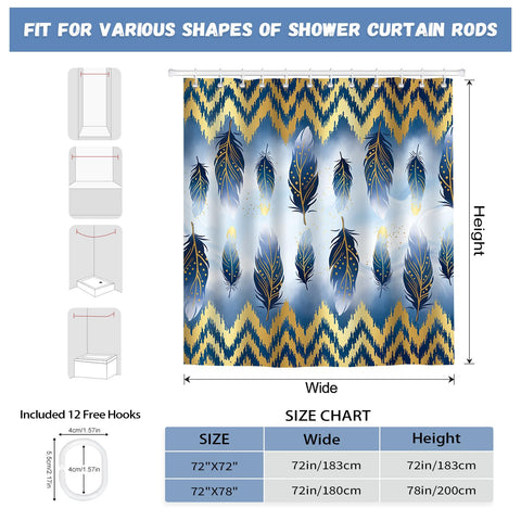 hometrixx Navy Blue Gold Feather Geometric Lines Shower Curtain 180x180cm