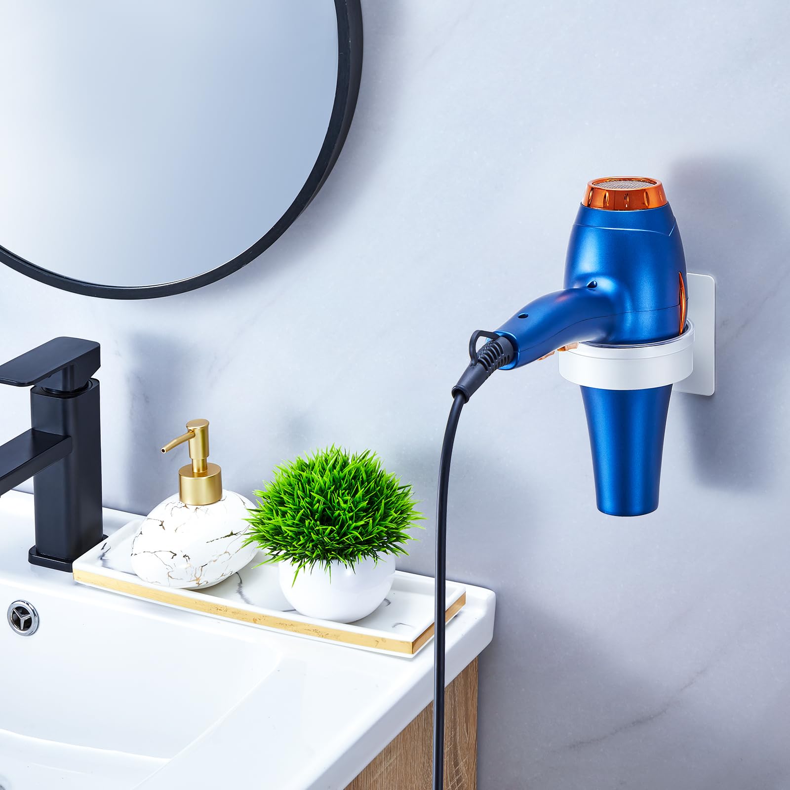 YYBO Hair Dryer Holder Wall Mount, Hairdryer Holder Station for Hair Dryer Storage, Adhesive Hairdryer Stand Rack for Dressing Table Bathroom (White)