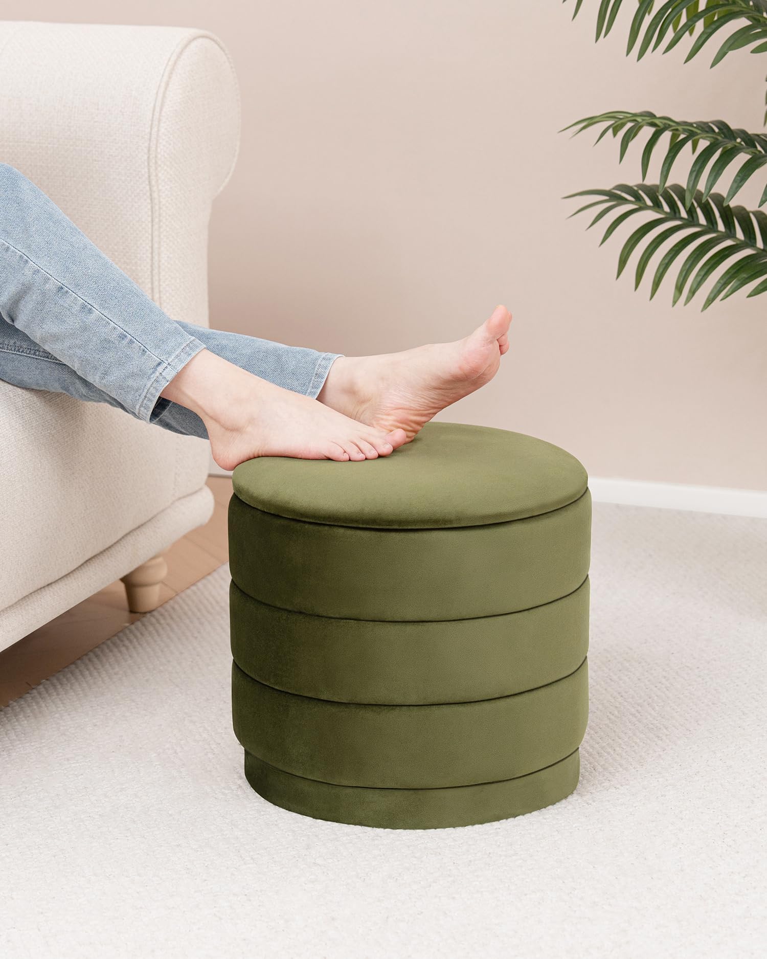 Bonlife Storage Ottoman Round - Folding Foot Rest with Hidden Storage, Olive Velvet 39x39x37cm for Living Room, Bedroom & Hallway