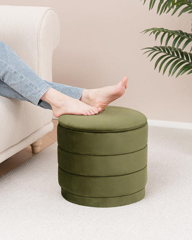 Bonlife Storage Ottoman Round - Folding Foot Rest with Hidden Storage, Olive Velvet 39x39x37cm for Living Room, Bedroom & Hallway
