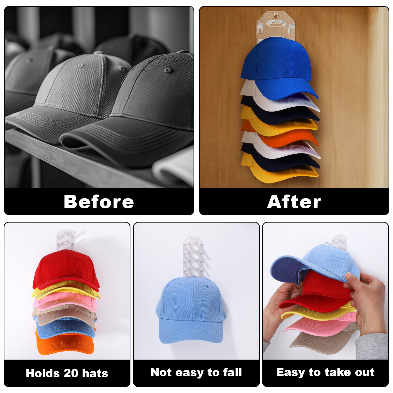 2 Pack Hat Organizer for Baseball Caps, Clear Hats Racks Hooks for Wall