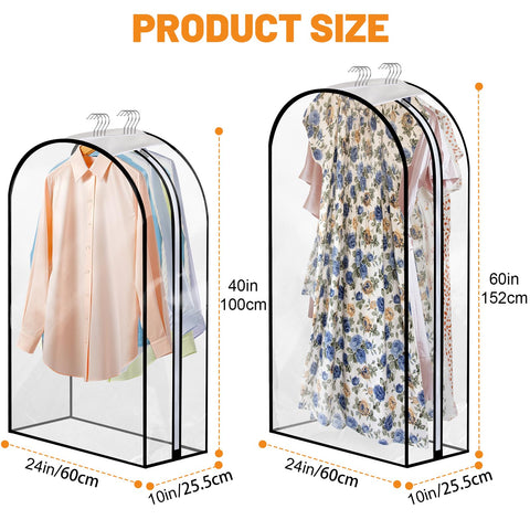 4 Pack Clear Garment Bags, 40/60 Inch Clothes Covers with 10 Inch Gusset