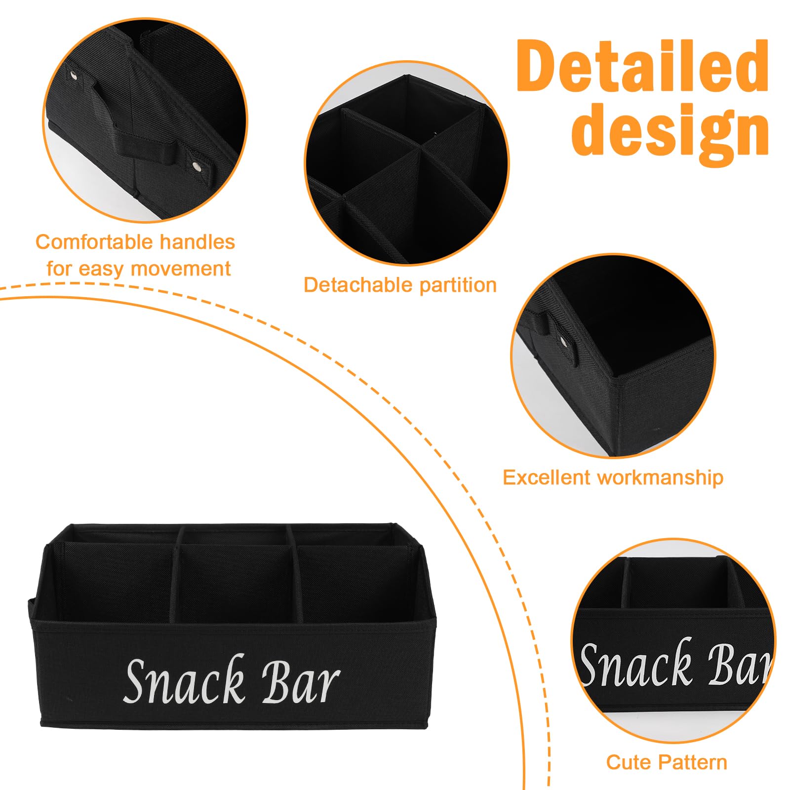 Xbopetda Snack Box Container, 6-Compartment Tray with Handles, Food Storage Organizer Bins, Trapezoid Snack Basket, Pantry Storage Station, Black