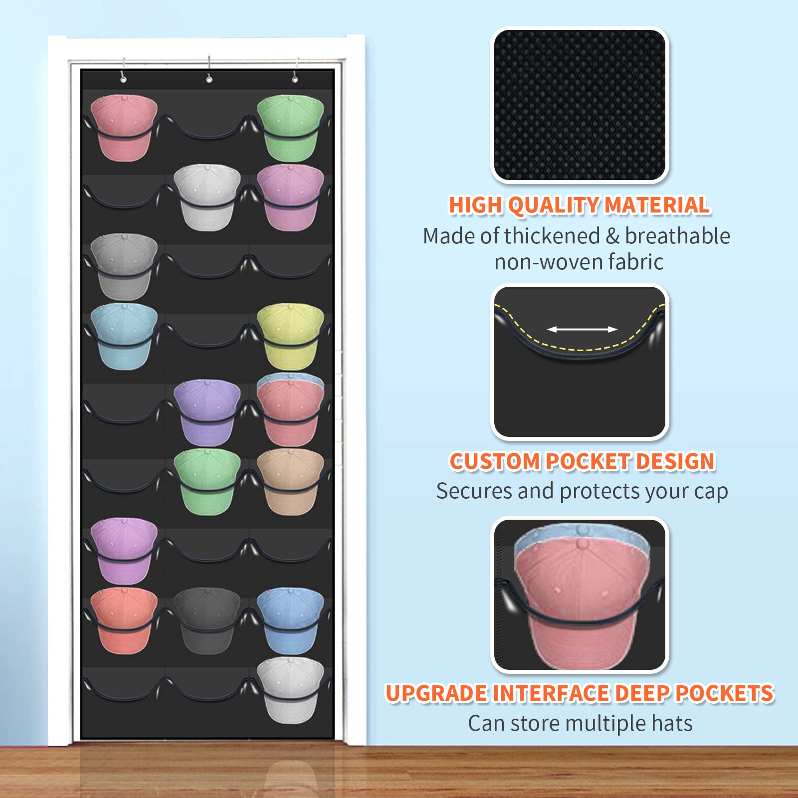 clbutge Baseball Cap Organizer, 27 Pocket Over The Door Hat Rack, Clear PVC Pockets, Fitted Hat Storage, Wall Mount Bag, Hat Holder Hanger