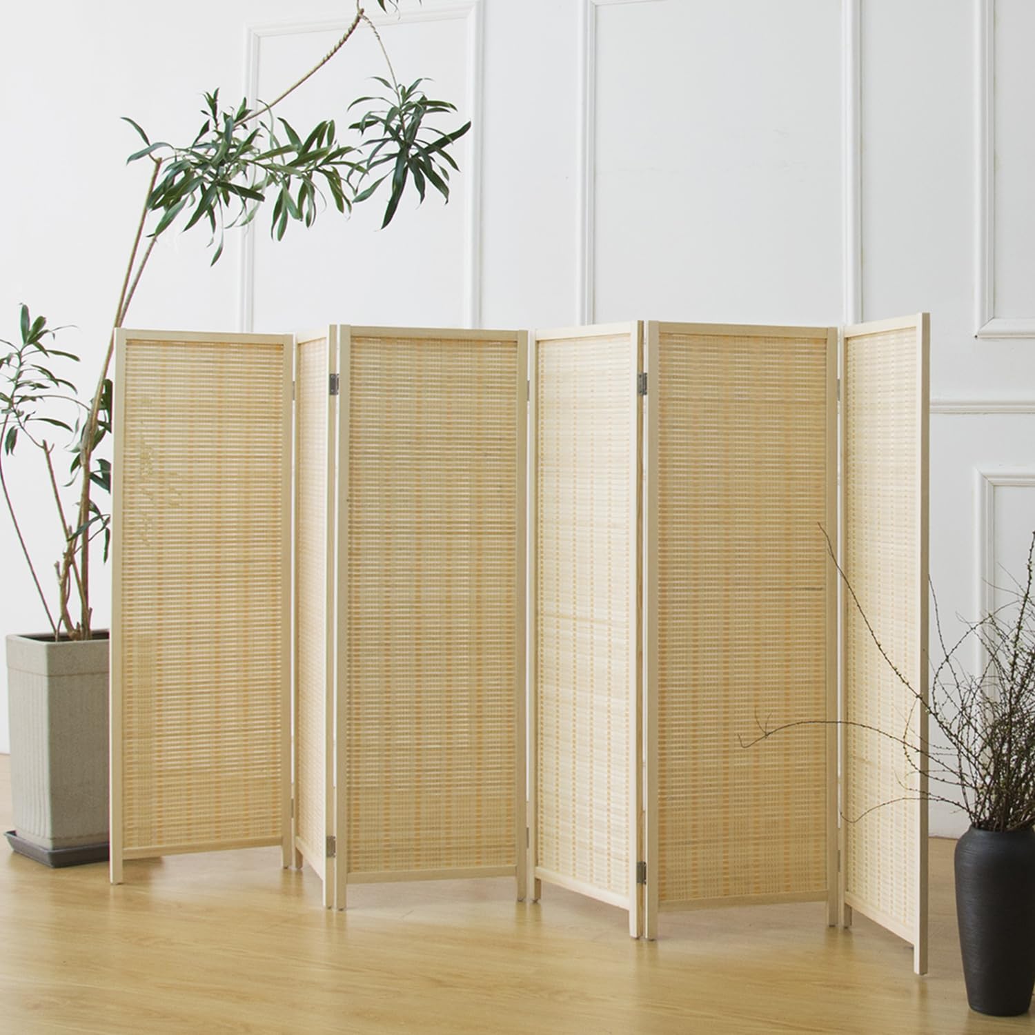 Furnnylane 6 Panel Bamboo Room Divider Short Folding Screen Divider,Double Sided Bamboo Panel Divider for Room Separation,Beige,120 cm H x 234 cm W