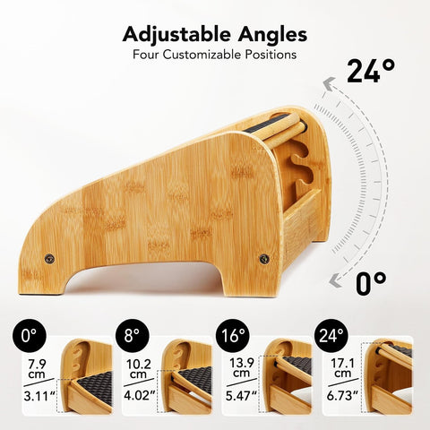 HUANUO Bamboo Under Desk Footrest, Ergonomic Foot Rest with 4 Height Options & Adjustable Angles, Pebble Massage Surface